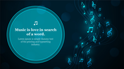 Dark background with glowing musical notes and a circular quote about music.