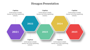 Timeline slide using purple, blue, green, yellow, and red hexagons from 2021 to 2025, arranged in a zigzag pattern.