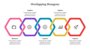 Overlapping hexagons slide showcasing color coded icons with text areas.