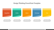 Design thinking PowerPoint template with colorful steps Empathise, Define, Ideate, Prototype, and Test with placeholder text.