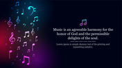 Colorful floating musical notes on a dark gradient background, with a placed holder on the right side of the image.
