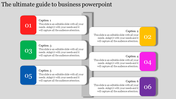 Business guide slide with six numbered captions, alternating colors, and with placehoilder text areas.