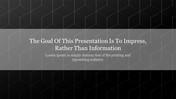 Dark geometric background slide with bold white text stating the presentation's goal is to impress rather than inform.