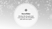 Minimalistic design with a central snowflake icon, surrounded by a gray gradient background with floating snowflakes.