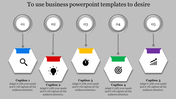 Business PowerPoint slide featuring five sections with icons representing search, idea, timer, target, and growth.