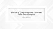 Minimalist slide with a white framed content box and bold title text about presentation goals, over a light arrow backdrop.