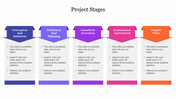 Five vertical segments showing project stages, each topped with colored banners in blue, violet, purple, pink, and orange.