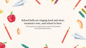 School related illustration featuring pencils, crayons, and an apple on a textured background with a welcoming message.