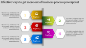 Business slide with alternating colored arrow captions and white hexagons, divided by a vertical line, numbered 1 to 5.