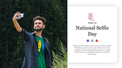 Man taking a selfie in a green setting and text about National selfie day on June 21, against a light background.