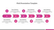 Pink timeline infographic with six rounded rectangles labeled 01 to 06, each linked to icons above and placeholder text.