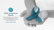 Hands holding a teal ribbon for PTSD Awareness Month, with information about awareness campaigns.