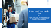 National Postal Worker Day design slide featuring a smiling mail carrier and descriptive text about the occasion.