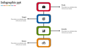 Business infographic with four colorful boxes showing icons for work, target, growth, and money, connected vertically.
