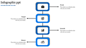 Vertical infographic PPT slide with four blue boxes linked by a central line, displaying icons and captions.