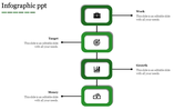 Infographic with green rounded boxes displaying icons for work, target, growth, and money with connecting lines.