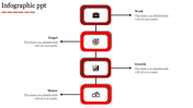 Vertical infographic with red rounded boxes linked to icons for work, target, growth, and money.
