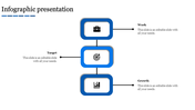 Infographic PPT slide with three blue rectangles connected vertically, labeled Work, Target, and Growth with text area.