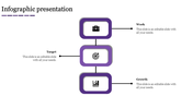 Infographic PPT slide with three purple rectangles connected vertically, labeled Work, Target, and Growth with text area.