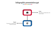 Minimalist infographic with red and blue rounded boxes displaying briefcase and target icons connected by black lines.