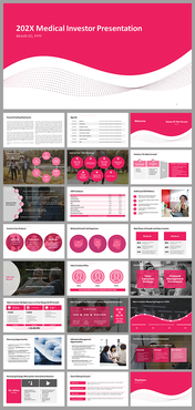 Pink and white slide pack with curved lines and circles, showing medical investment strategies, growth, and value creation.