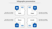 Four step infographic with blue icons and white boxes linked by directional arrows for work, target, money, and growth.