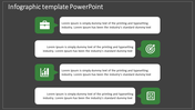 Infographic with four green square icons and white text boxes, arranged alternately on a dark gray background.