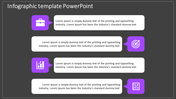 Vertical infographic template with purple icons and white rectangular text boxes on a dark gray background.