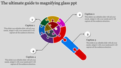 Magnifying glass infographic divided into colorful puzzle parts with captions and descriptive placeholders on each side.