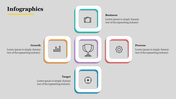 Slide with five square icons in orange, blue, purple, red, and green, in a cross layout, on a gray background.