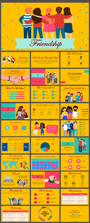 Yellow background slide pack with playful illustrations, timelines, charts, and friendship focused content.
