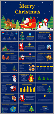 Merry Christmas slide deck overview with festive illustrations, charts, and sections about traditions, food, and gifts.