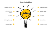 Lightbulb illustration with the word idea inside, surrounded by arrows pointing to text placeholders.