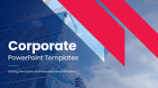 Corporate presentation with blue theme, red accents, business visuals, charts, icons, and clean editable layouts.