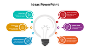Ideas PowerPoint with bulb center, six colorful shapes, icons, and text holders showing creativity, solutions, and teamwork.