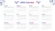 Calendar Presentation PowerPoint with clean 2026 monthly grid, white cards, blue headings.