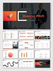 Professional pitch deck featuring agenda, problem statement, market sizing, and financial projections in a modern design.