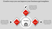 Business slide showing a central heading with a briefcase icon, surrounded by three diamond shapes.