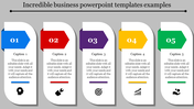 Business slide featuring five sections with arrows and captions, each with icons brain, wrench, target, graph, and people.
