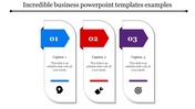Sequential infographic with three vertical panels, numbered and color-coded, featuring captions and icons for business.