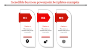 Three step business process with curved panels containing red arrows, captions, and icons on a white background.