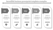 Five white rectangular panels with curved edges and gray arrow shaped headings, each showing icons and captions.