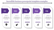 Business PPT slide featuring five numbered sections with icons representing ideas, tools, goals, growth, and analysis.