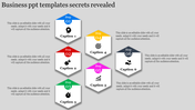 Stepwise business slide with six hexagonal sections, each featuring captions and icons for various business stages.