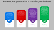 Four vertical colorful blocks in blue, red, purple, and green with icons and captions, arranged on a gray background.