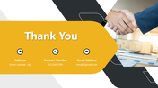 Business thank you slide with handshake photo, yellow banner, icons, black accents, clean layout, and editable text.