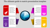 Global matrix infographic with four caption boxes in different colors, each containing text and an icon around a globe graphic