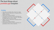 Portfolio PowerPoint slide featuring a geometric design with overlapping squares and sample text sections.