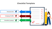Blue, red, and green arrows with checkmarks and icons leading to checklist items and a character with oversized pencil.