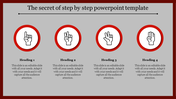 Step by step PowerPoint template with four steps, each represented by numbered icons with placeholder text.
